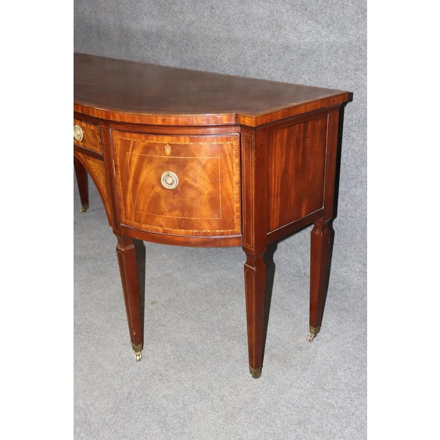 Wood 1990s Baker Furniture Mahogany Inlaid Sideboard – Neoclassical Demi-Lune Server With Leather Top & Brass Accents For Sale - Image 7 of 10