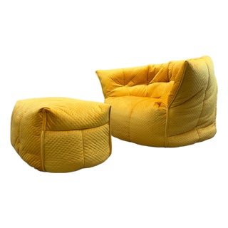 Set of Vintage Armchair and Ottoman in Yellow Brigantin from Ligne Roset For Sale