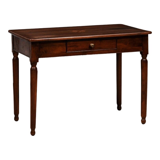 Italian 1890s Walnut Side Table with Elm Marquetry Star, Drawer and Turned Legs For Sale