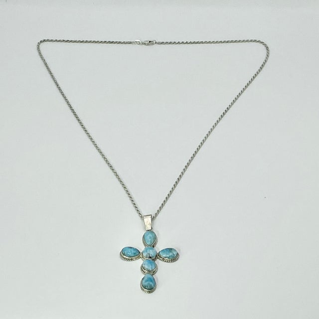 Rustic 1970s Vintage Southwestern Boho Chic Religious Blue Larimar & Sterling Cross Pendant Necklace - 23” For Sale - Image 3 of 15