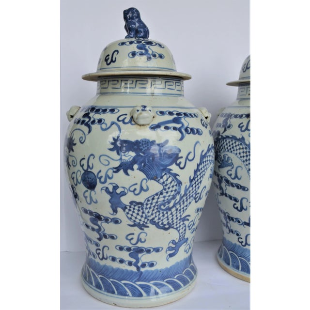 2020s Chinoiserie White & Blue Dragon Baluster Ginger Jars - a Pair For Sale - Image 5 of 8