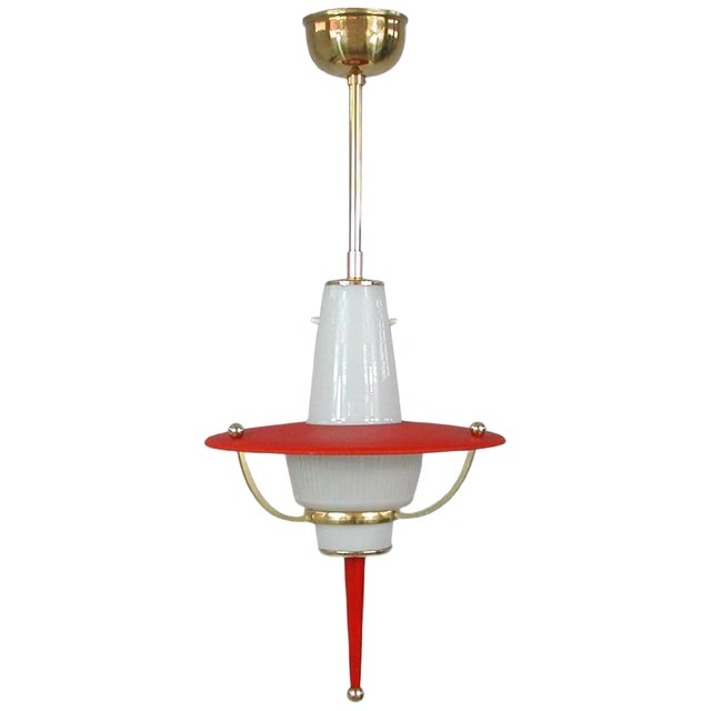 Italian Red Lantern in Milk Glass & Brass, 1950s For Sale