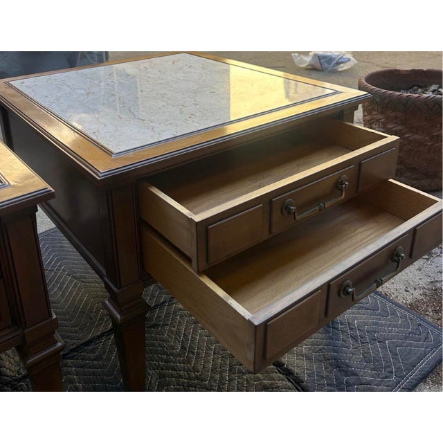 Wood Pair Vintage Travertine Top Hekman End Tables/Nightstands For Sale - Image 7 of 7