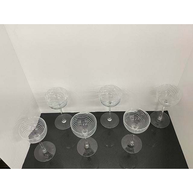 Coastal Vintage Hand Blown White Swirl Wine Glasses, Singed by Artist - Set of 6 For Sale - Image 3 of 13