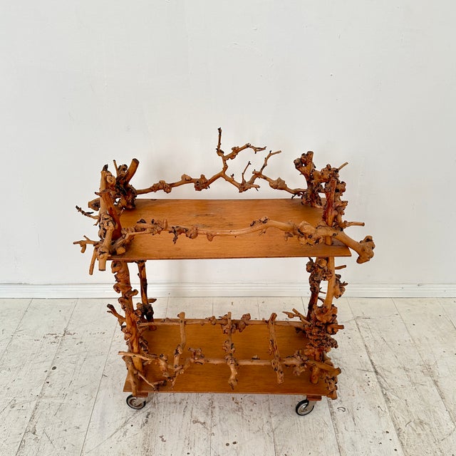 Mid-Century Bar Cart in Brown Burl, Plywood and Root Wood, 1960s For Sale - Image 12 of 14