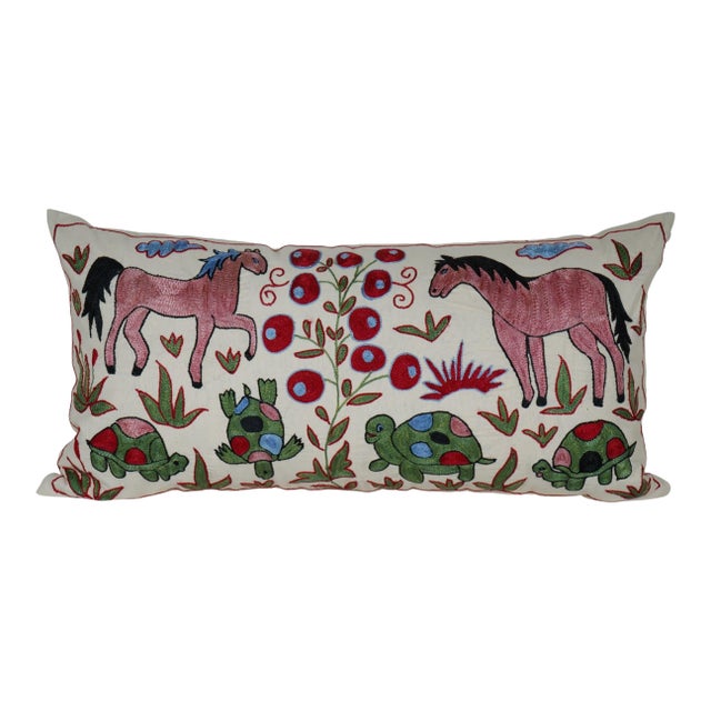 Handcrafted Horse Suzani Pillow Cover For Sale