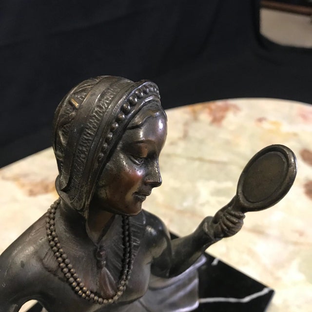 French Signed by Molins Art Deco Bronze Sculpture of Lady With Her Mirror For Sale In Portland, ME - Image 6 of 13