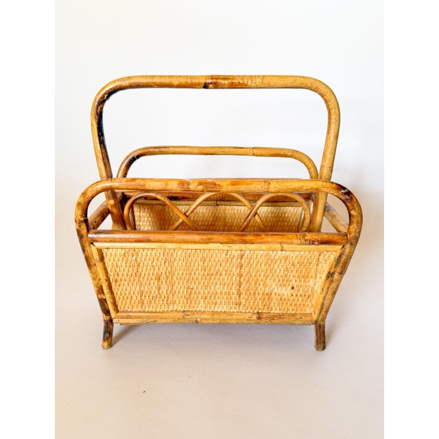 1960s Burnt Bamboo Rattan Magazine Record Rack in the Italian Style of Franco Albini For Sale - Image 11 of 12