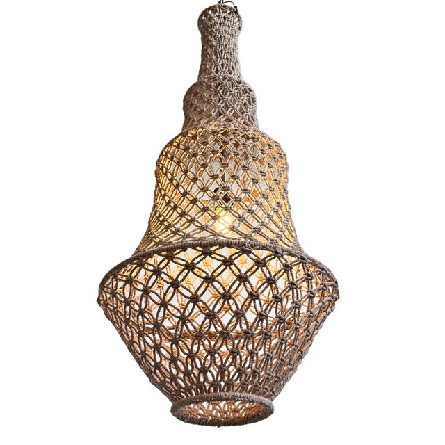 Contemporary Taupe Macrame Tara Boho Coastal Pendant Light Medium For Sale - Image 3 of 8