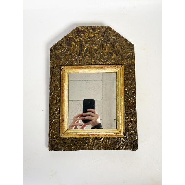 Small French Patinated Mirror in Gilded Metal and Wood, 1970 For Sale - Image 4 of 12