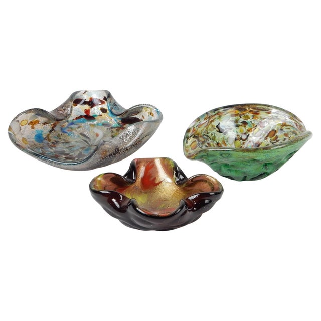 Lovely set of 3 Murano Italy art glass bowls / ashtrays. Circa 1950's-60's. None are marked or etched. All are in...