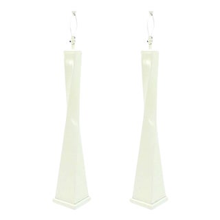 Pair 5' Tall Large Oversize Twisted Column Square Base White Lacquer Floor Lamps For Sale