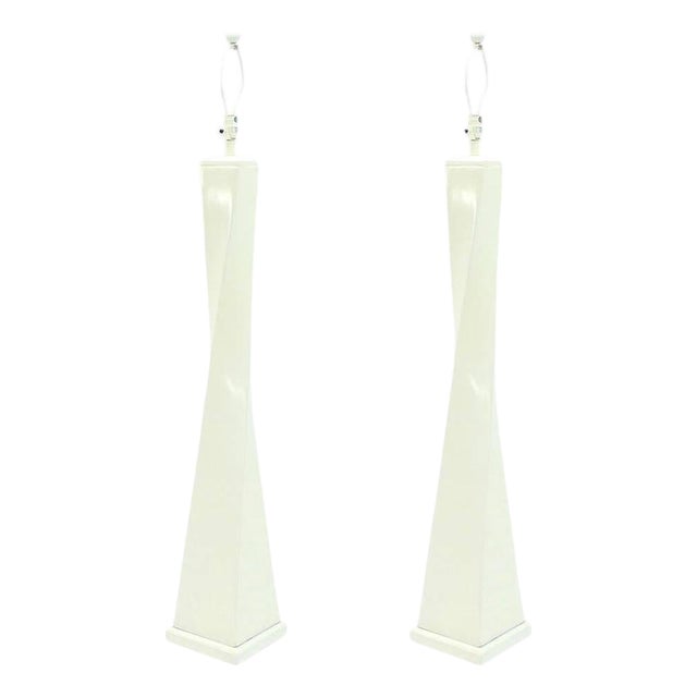 Pair 5' Tall Large Oversize Twisted Column Square Base White Lacquer Floor Lamps For Sale