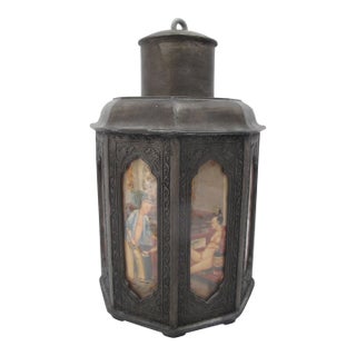 Chinese Pewter Octagonal Tea Caddy With Inset Painted Erotic Art Panels For Sale