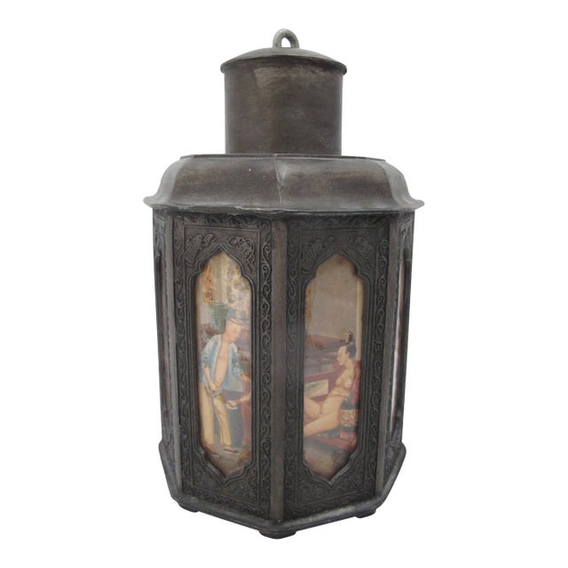 Chinese Pewter Octagonal Tea Caddy With Inset Painted Erotic Art Panels For Sale