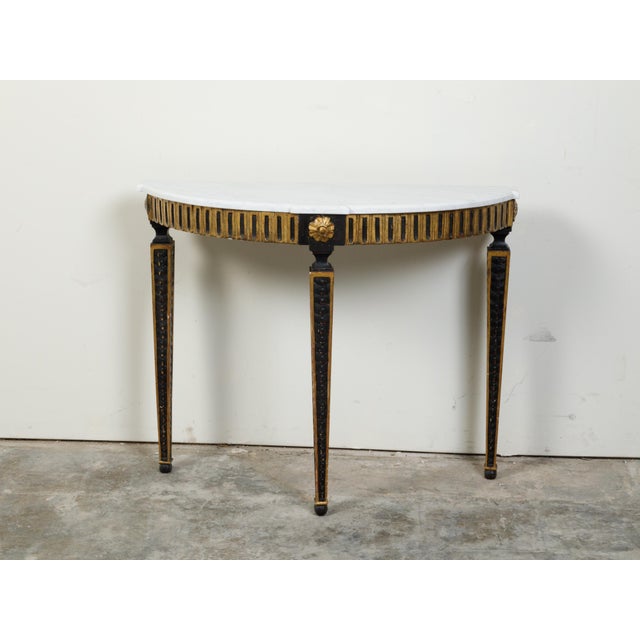 19th Century Italian 19th Century Neoclassical Style Black Parcel-Gilt Marble Top Demilune For Sale - Image 5 of 12