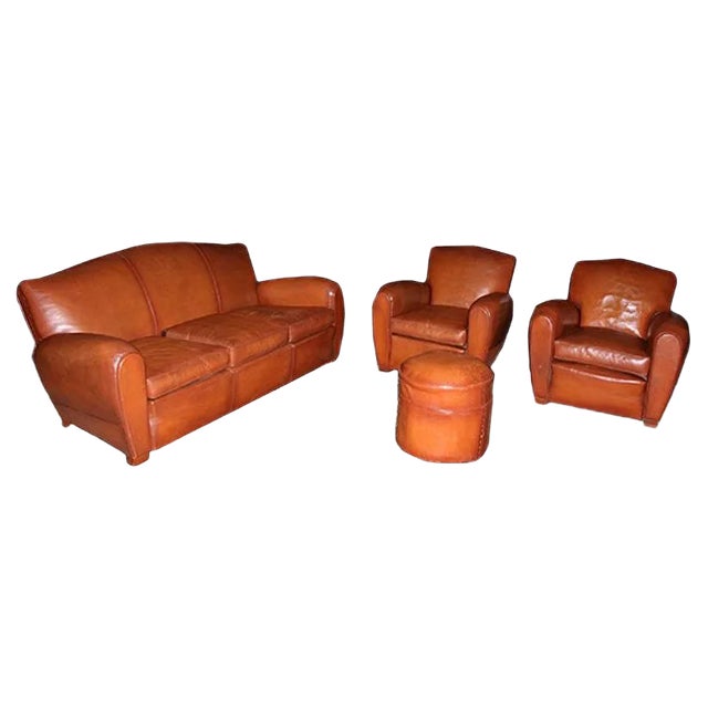 Mid-Century Leather Living Room Set, 1950s, Set of 4 For Sale