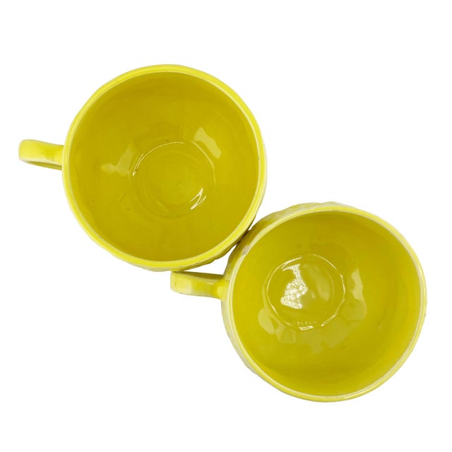 Hollywood Regency 2 Vintage Portuguese Lettuceware Cups – Yellow Majolica Cabbageware, Portugal For Sale - Image 3 of 7