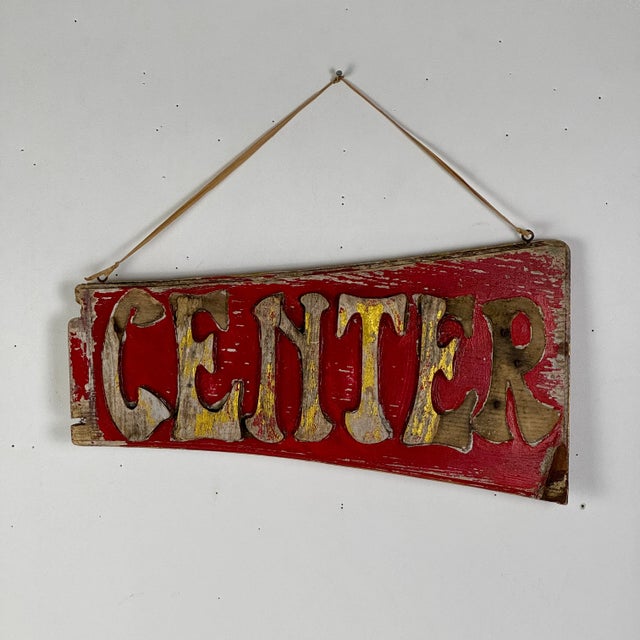 Mid-Century Modern Vintage Handmade "Science Center" Double Sided Wooden Sign in Red & Gold For Sale - Image 3 of 8