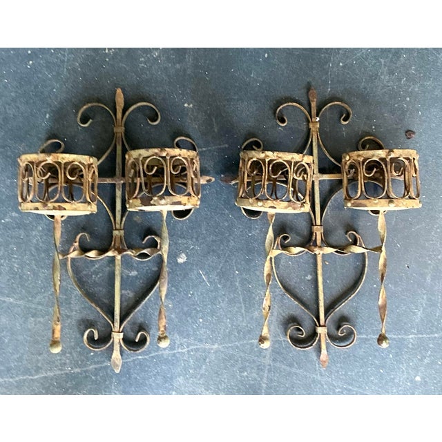 Vintage Boho Distressed Wrought Iron Candle Sconces- A Pair For Sale - Image 12 of 12