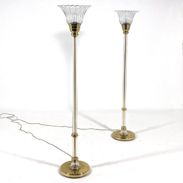Hollywood Regency Pair of Vetri Artistica Murano Glass and Brass Torchiers For Sale - Image 3 of 10