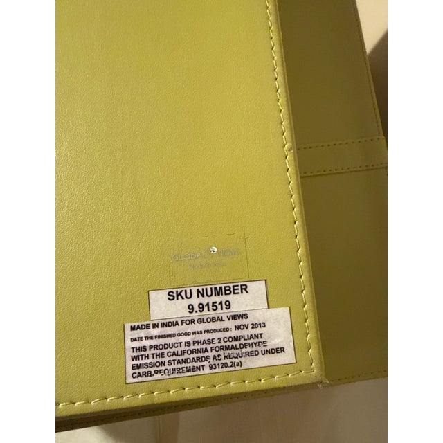 2010s Vintage Global Views Chartreuse Leather Decorative Boxes With Polished Chrome Greek Key Hardware - Set of 2 For Sale - Image 5 of 5