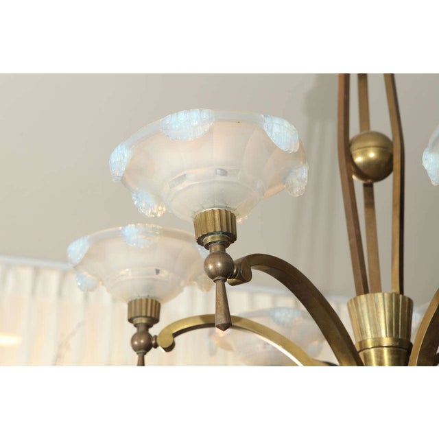 Vintage Petitot Brass Chandelier With Waterfall Opaline Shades For Sale In Los Angeles - Image 6 of 9