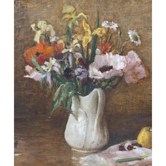 Wonderfully romantic still life oil painting with poppies, daffodils, and daisies set within an ironstone pitcher. Pears...