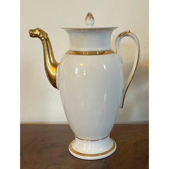 Tall antique 19th century French Empire Paris porcelain coffee pot in white & gold with a serpent spout. Elegant...