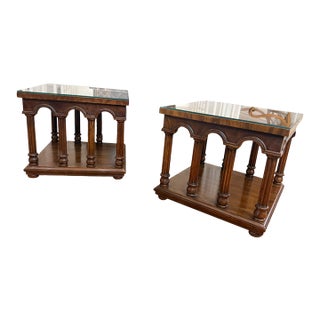 Pair of Drexel Classic Court Burl Walnut Arcaded End Tables With Glass Tops, 1975 For Sale