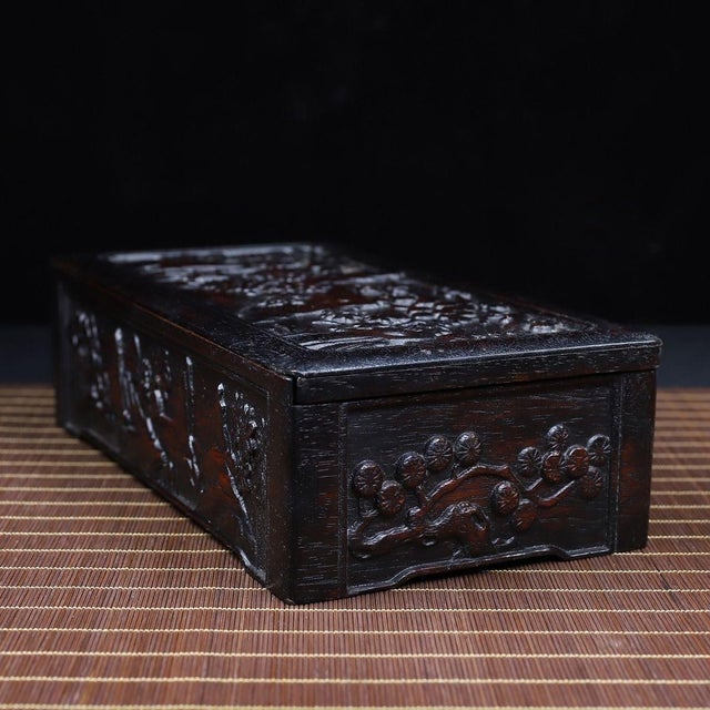 Traditional Carved Hardwood Box With Landscape Scenes and Sliding Lid For Sale - Image 3 of 10