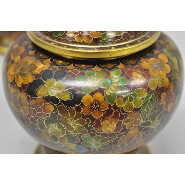 Vintage Cloisonné Chinese Small Enameled Brown Covered Ginger Jar on Stand, Pair For Sale - Image 15 of 18