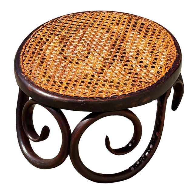 Victorian Antique Vienna Secession Bent Oak & Cane Footstool Attributed to Jacob and Josef Kohn for Thonet For Sale - Image 3 of 8