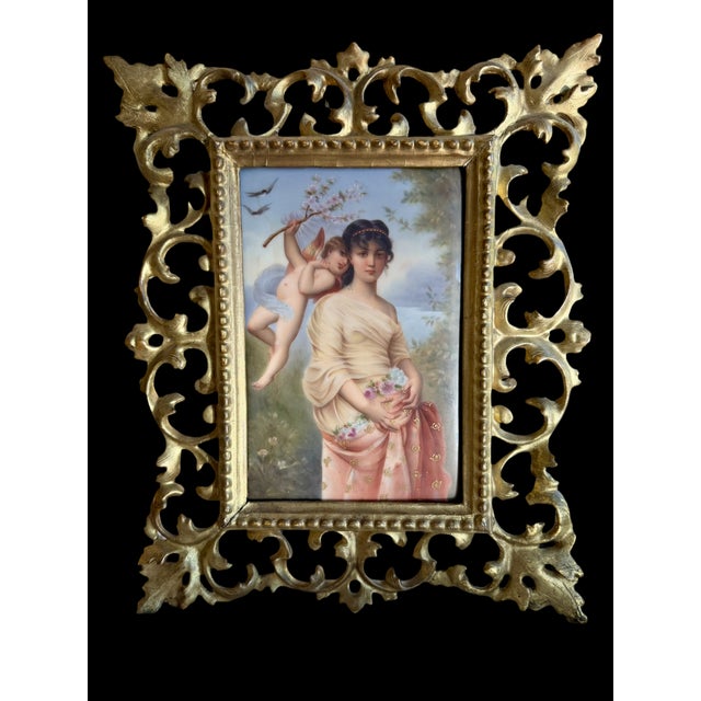 Absolutely divine late 1800's German hand-painted porcelain plaque entitled "Springtime" attributed to the Royal Porcelain...