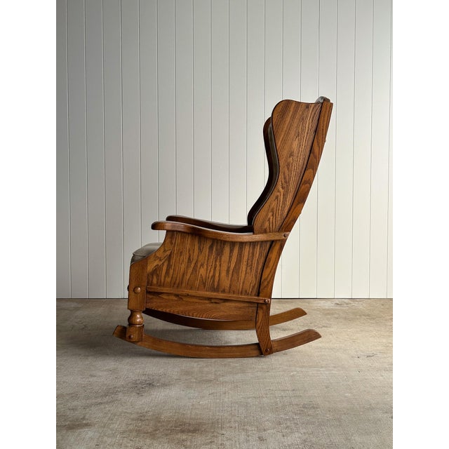 Studio Craft Oak Wingback Rocking Chair With Carved Rail, C. 1970s For Sale - Image 11 of 18