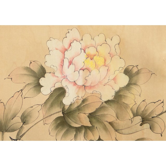 Vintage Chinese watercolor scroll painting of peony flower. Watercolor and ink on silk over paper. Comes from a panel of...