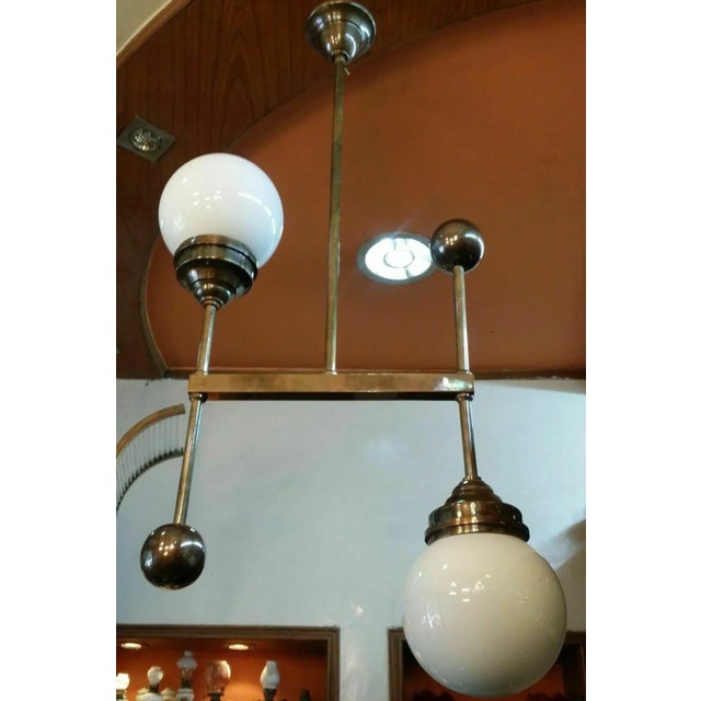 1940s Art Deco Bauhaus Brass Hanging Light with Milk Glass Shades For Sale - Image 4 of 5