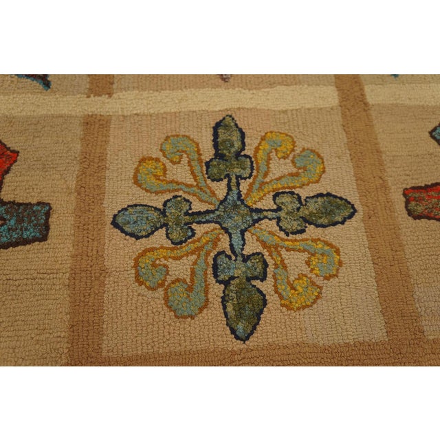 1965s Tan Camel Floral Folk Art Vintage American Hooked Rug 2' 8" X 4' 2" Hand Knotted Wool Carpet For Sale - Image 10 of 11