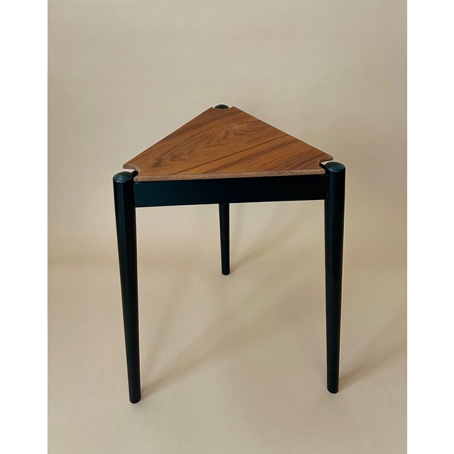 Pair of Bruno Hansen teak stools (and/or side tables) with ebonized legs. Made in Denmark and maker’s mark on bottom.