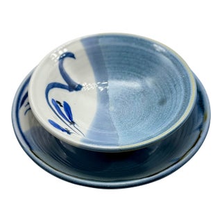 Signed Japanese Studio Pottery Bowls, Hand-Thrown Pair With Half Matte & Gloss Glaze, Blue & White Crackle Wabi Sabi Art For Sale