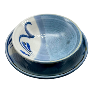 Signed Japanese Studio Pottery Bowls, Hand-Thrown Pair With Half Matte & Gloss Glaze, Blue & White Crackle Wabi Sabi Art