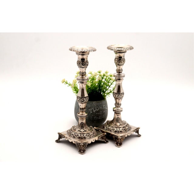 Silver Candlesticks with Turned and Engraved Shafts, Set of 2 For Sale - Image 5 of 7
