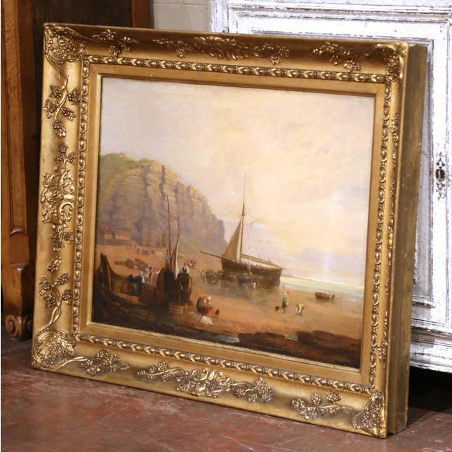 Wood Mid-19th Century English Coastal Fishing Scene Oil Painting in Giltwood Frame For Sale - Image 7 of 10