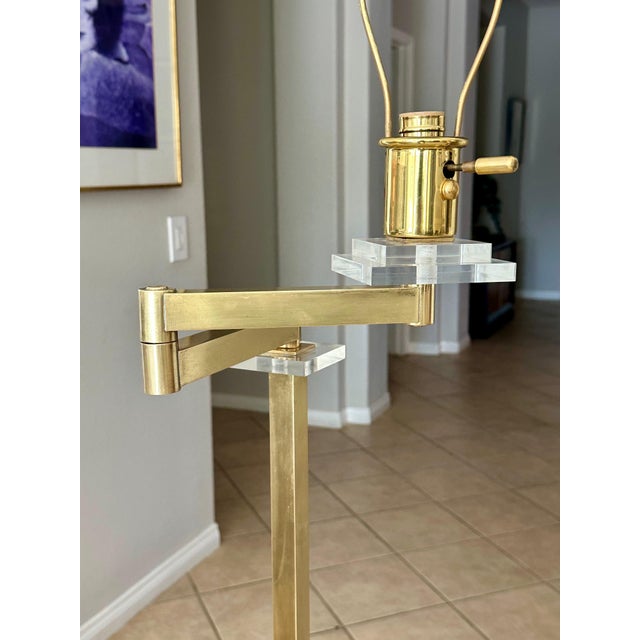 Brass Frederick Cooper Solid Brass & Lucite Swing Arm Floor Lamp For Sale - Image 8 of 18