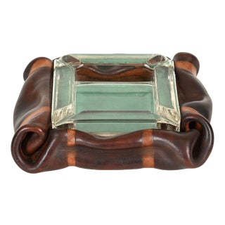 Italian Curved Leather and Crystal Glass Ashtray from Nova Tecno, 1950s For Sale
