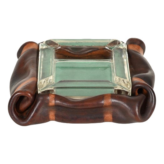 Italian Curved Leather and Crystal Glass Ashtray from Nova Tecno, 1950s For Sale