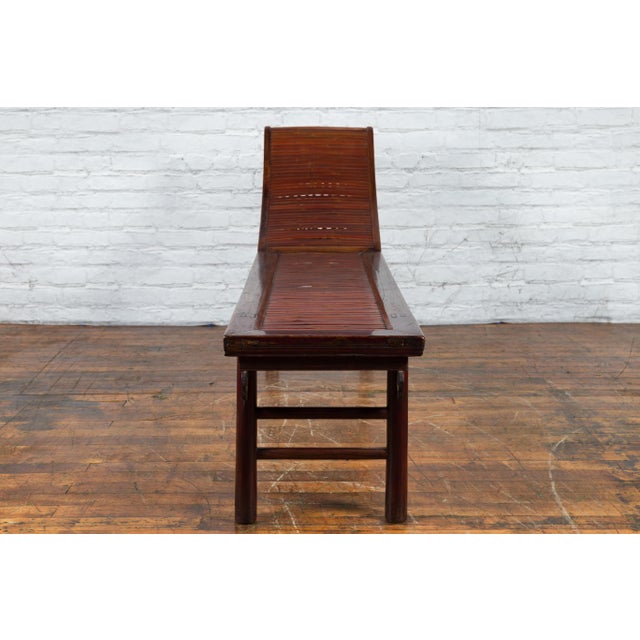 Mid 19th Century Chinese Qing Dynasty Elm & Bamboo Lounge Chair with Cloud Carved Spandrels For Sale - Image 12 of 12