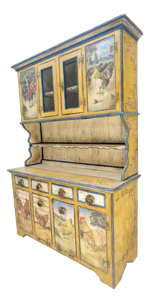 Rare Phenomenal Solid Teak Country Paint Decorated Painted Farm Style Cupboard