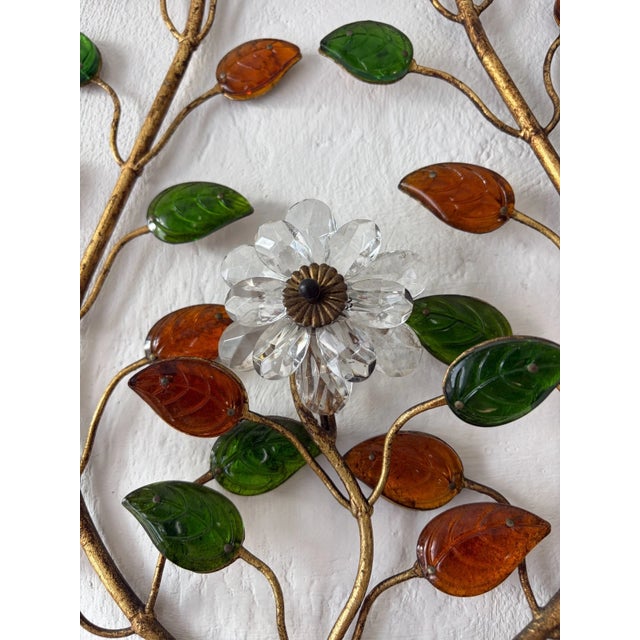 Maison Baguès French Maison Baguès Style Colored Leaves Floral Crystal Prisms Bows Sconces For Sale - Image 4 of 9