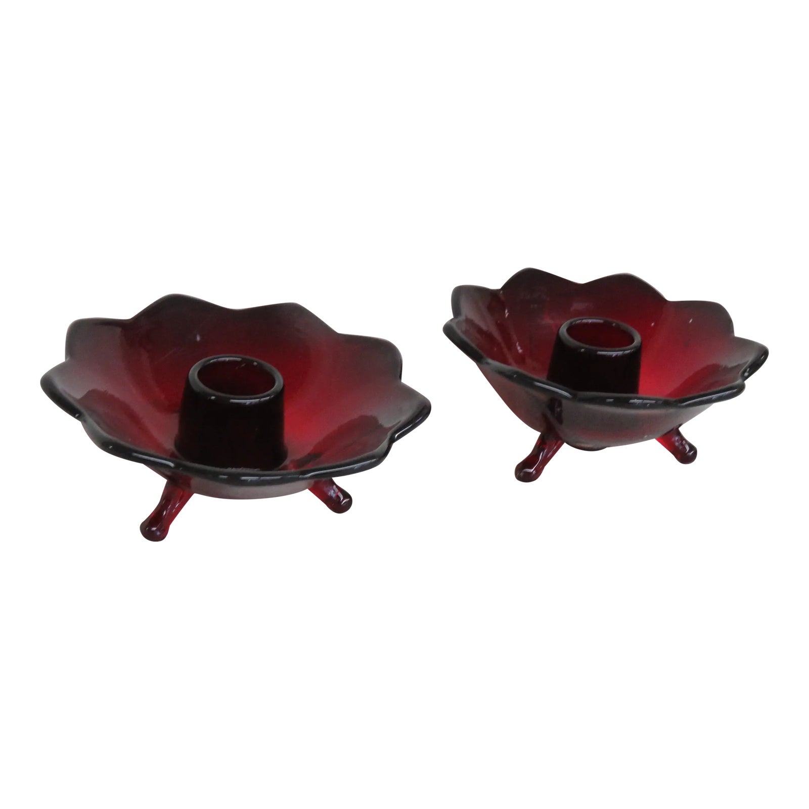 Fenton Style 3 Footed Ruby Red Glass Candle Stick Holders a Pair | Chairish